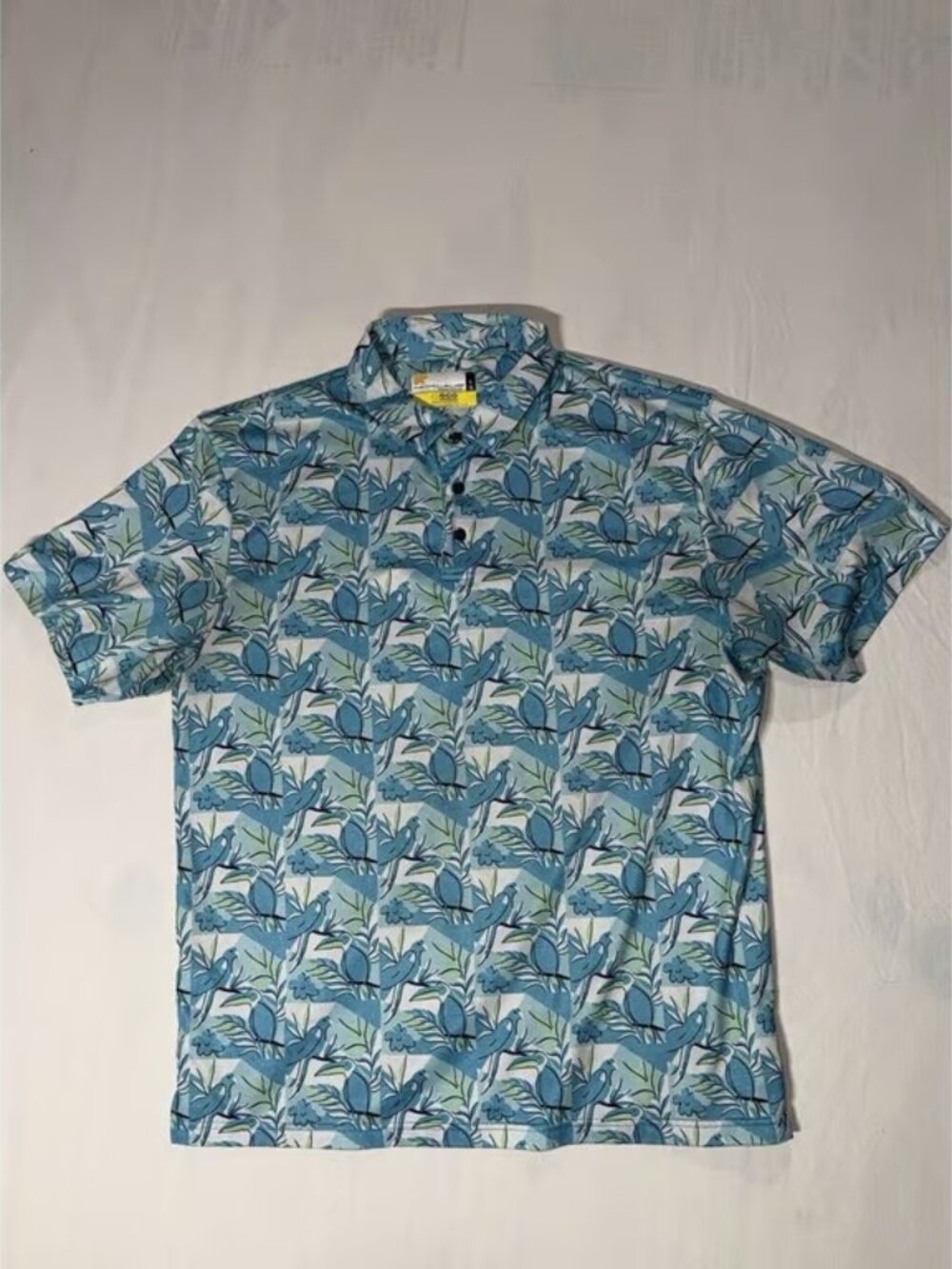 Nicklaus Tropical Blue Toucan Bird Print Polo Shirt Size Large